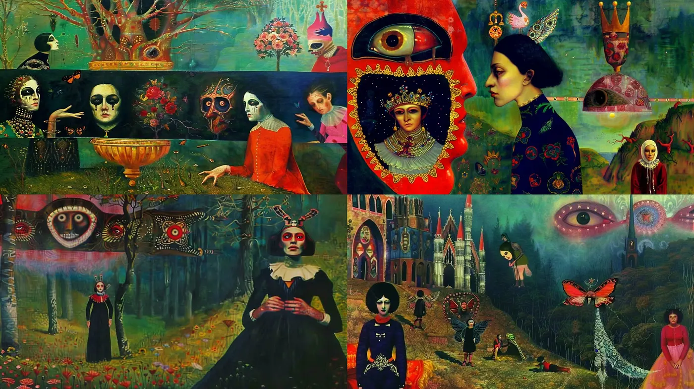 Surreal Visions within a Dreamlike Folkloric Tableau - Midjourney sref style