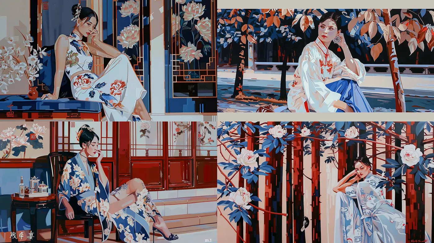 Ethereal Serenity in Scarlet and Sapphire: A Synthesis of Stylized Elegance and Floral Motifs - Midjourney sref style