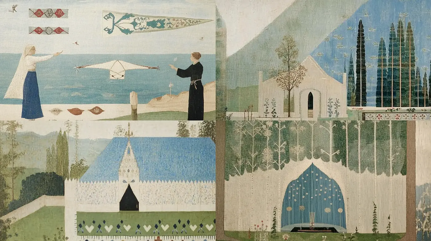 Whimsical Folk Art Panoramas with Nature and Architecture - Midjourney sref style