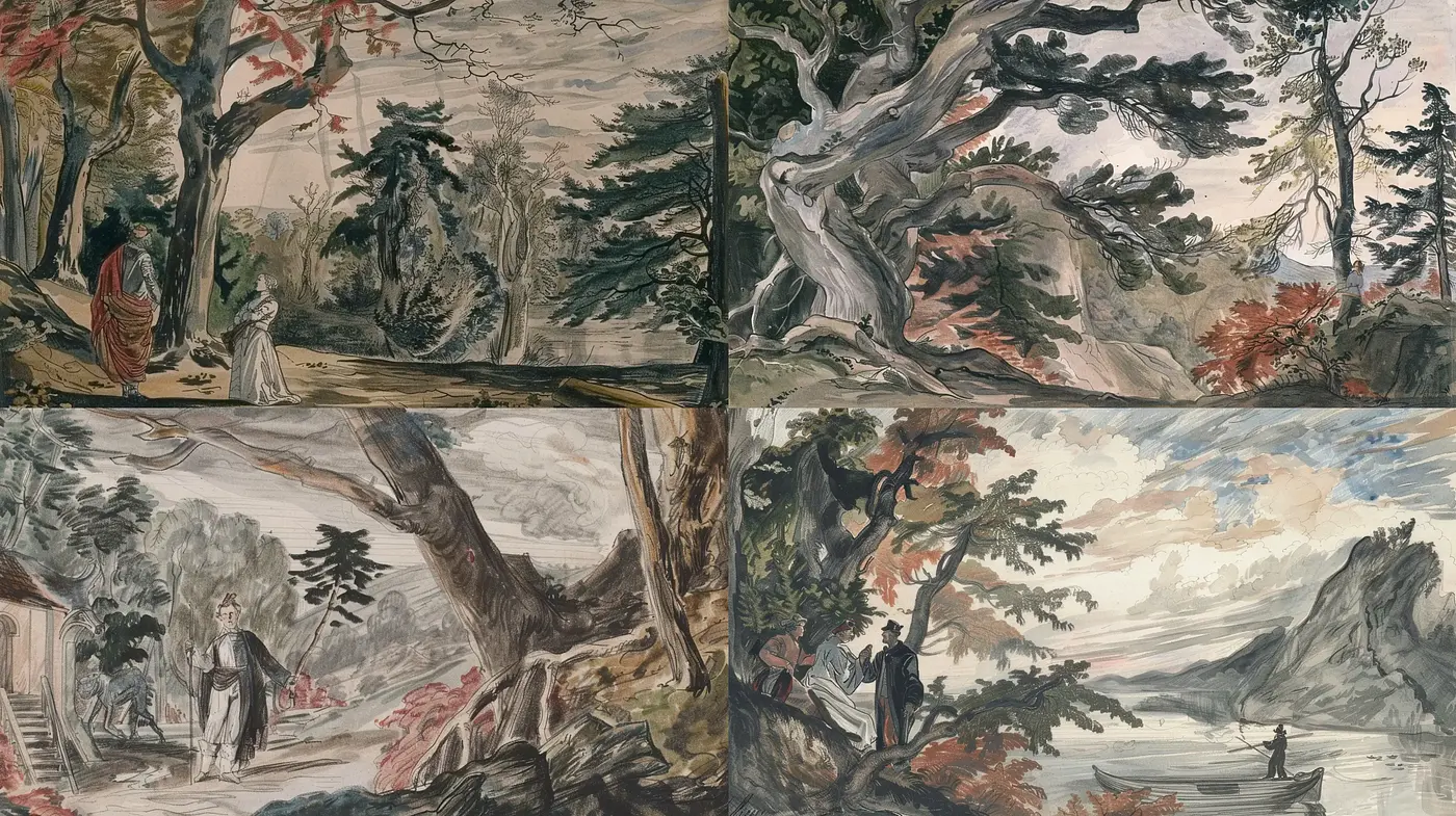 Romantic Era Inspired Pastoral Landscapes with Dynamic Brushwork - Midjourney sref style