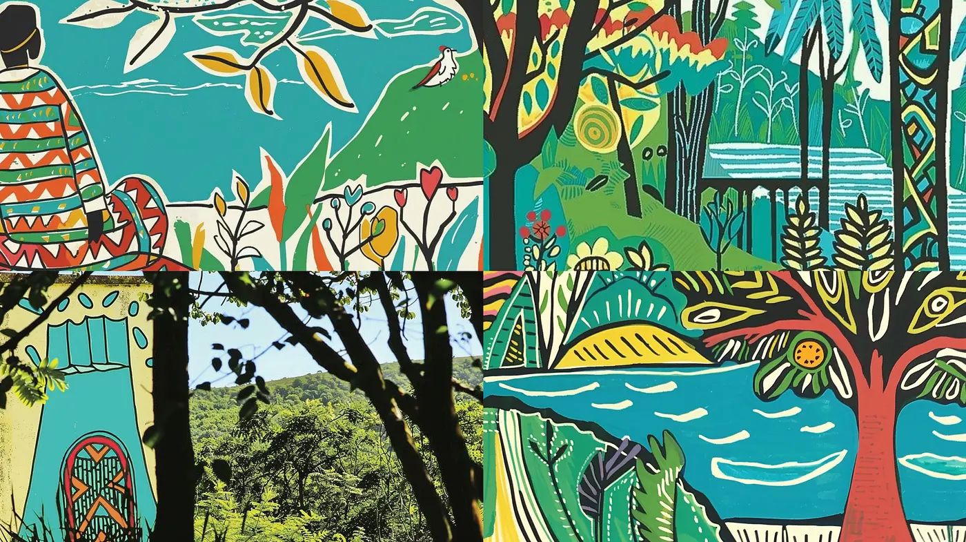 Vibrant Narrative of Nature: A Mosaic of Vivid Hues and Whimsical Forms - Midjourney sref style