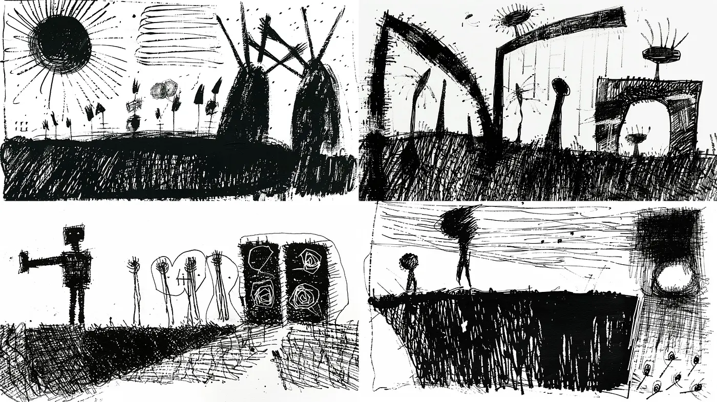 Ink-etched Twilight: A Study in Monochrome Expressionism - Midjourney sref style