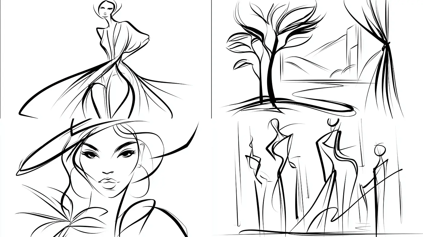 Elegant, Fluid Line Art with Stylized Figures and Nature - Midjourney sref style