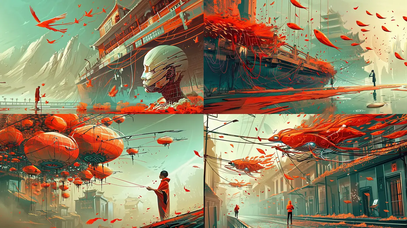 Dynamic Turquoise and Vermilion Vistas: A Fusion of Digital Impressionism and Surrealism - Midjourney sref style