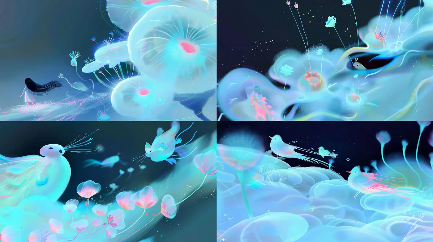 Ethereal Luminous Dreamscape: A Consistent Fusion of Neon Glow and Surrealism - Midjourney sref style