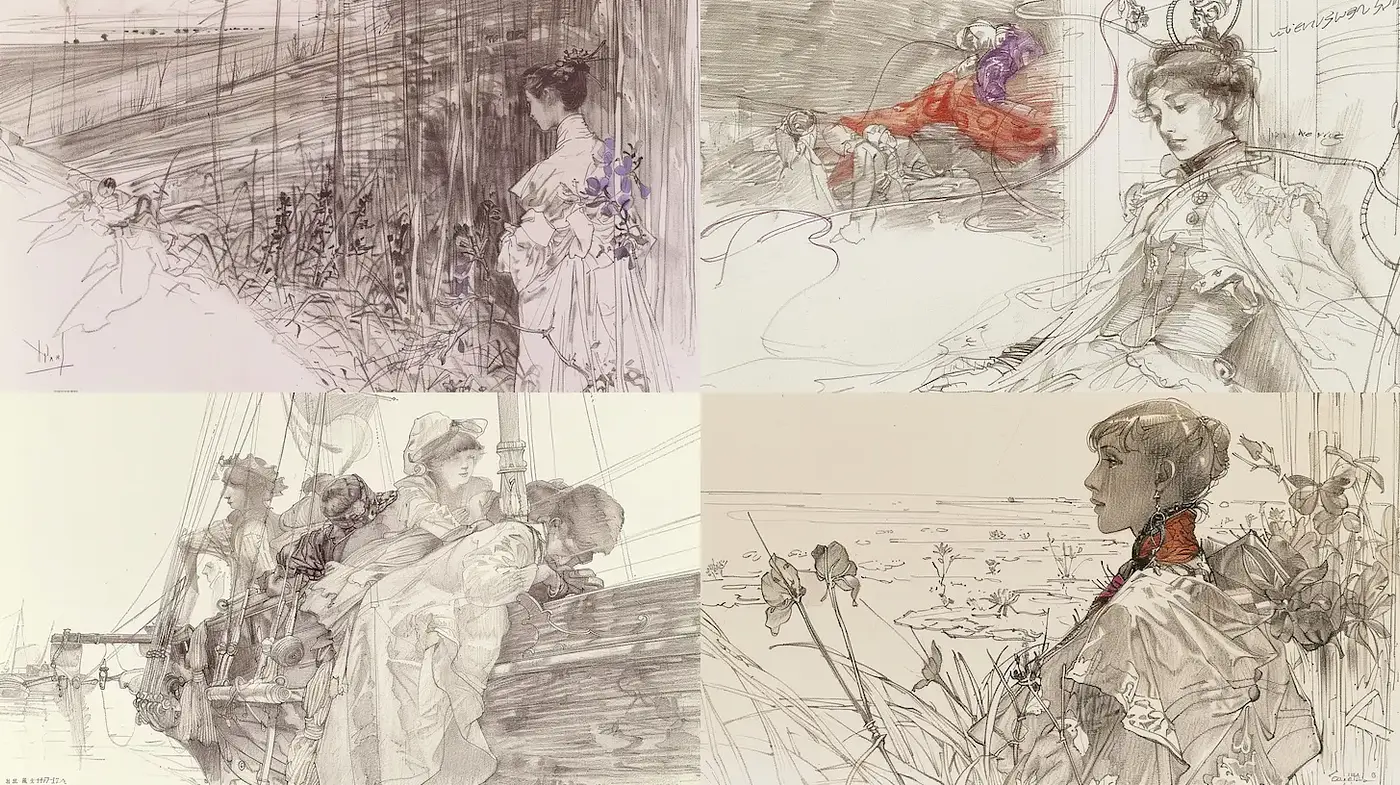 Elegant and Nostalgic Artistic Descriptions with Detailed Linework and Soft Tones - Midjourney sref style