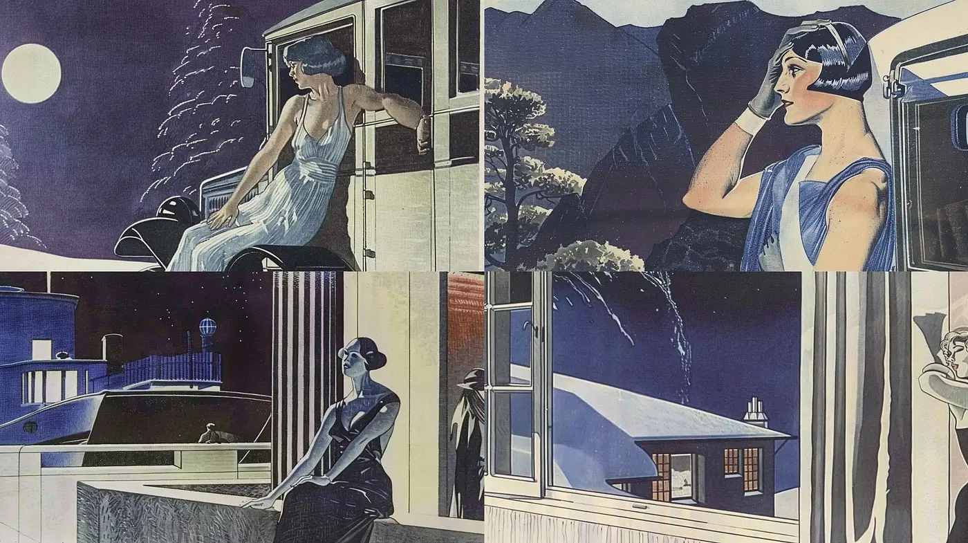 Nocturnal Serenity in Cyan Hues: A Digital Homage to Art Deco and Japanese Woodblock Print Techniques - Midjourney sref style