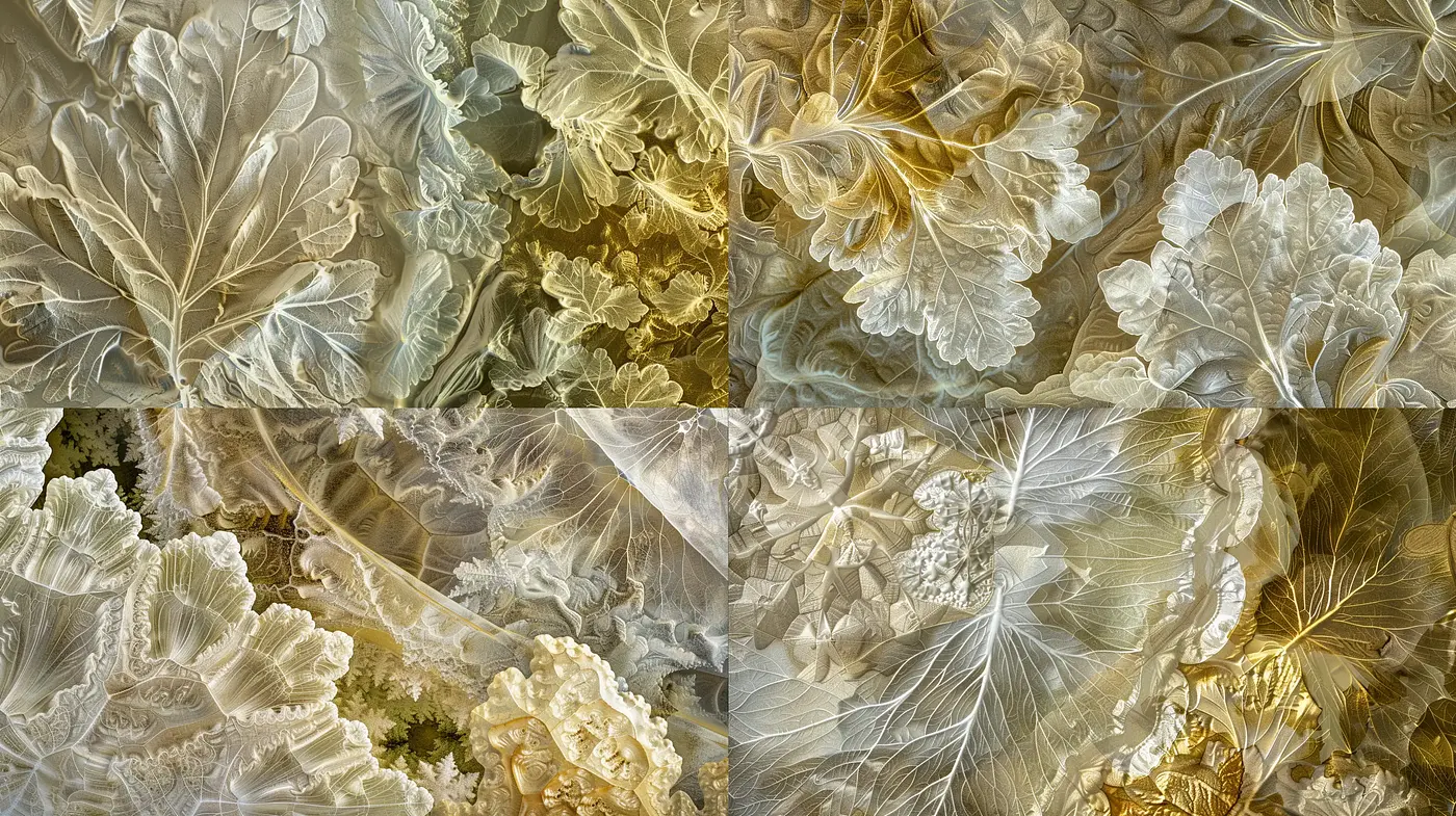 Ethereal Botanical Symphony in Gold and Cream - Midjourney sref style