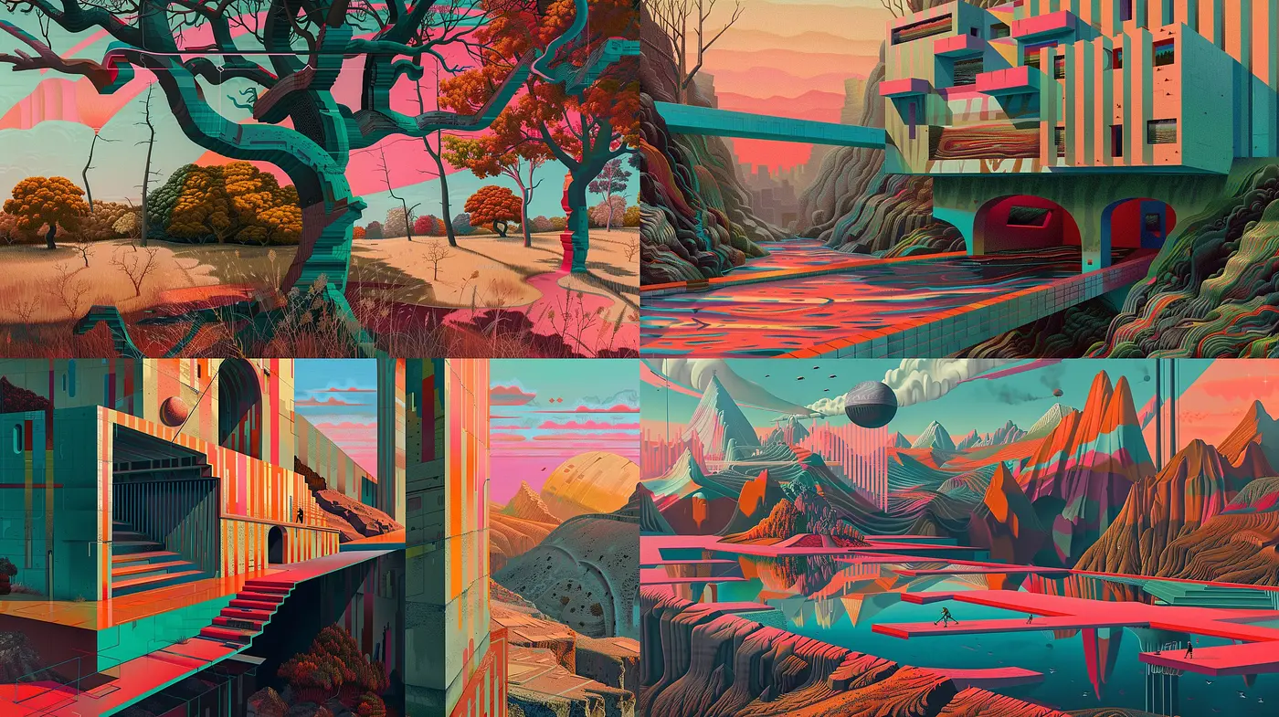 Surreal Geometric Vistas with a Retro-Futuristic Palette - Midjourney sref style