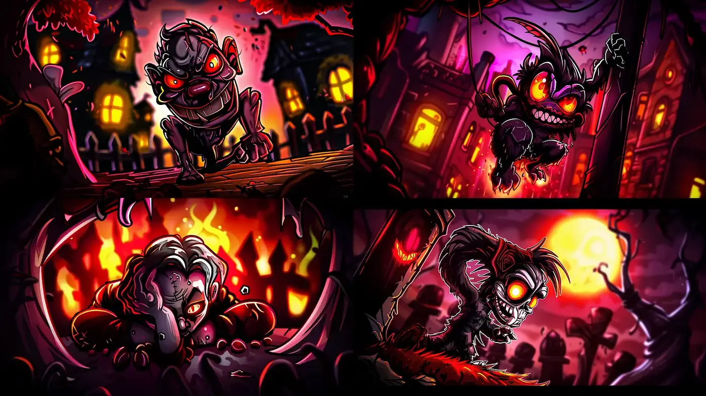 Darkly Whimsical Cartoon Style with Eerie Undertones - Midjourney sref style