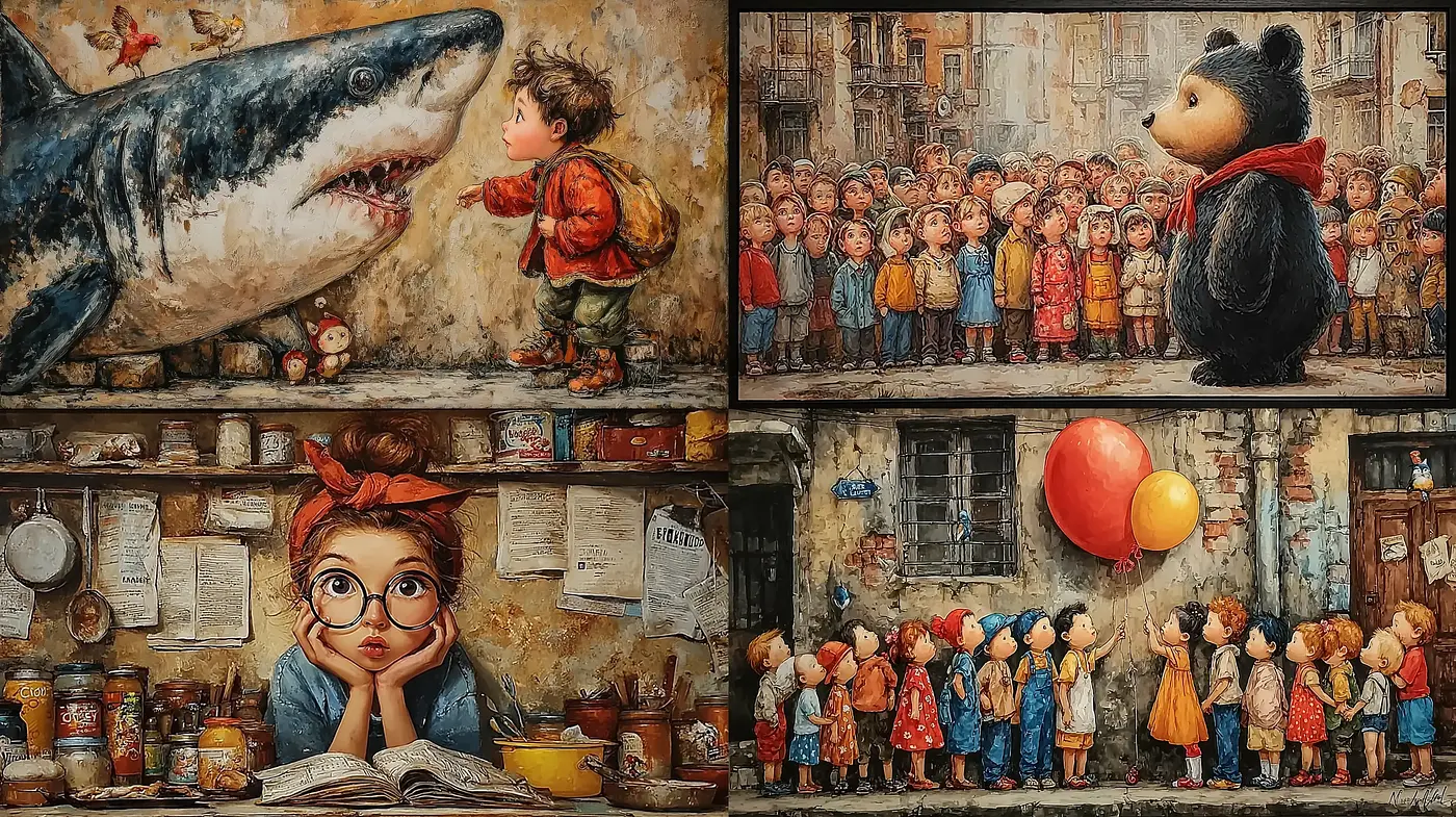 Whimsical yet Poignant Scenes Captured in a Richly Textured Style - Midjourney sref style