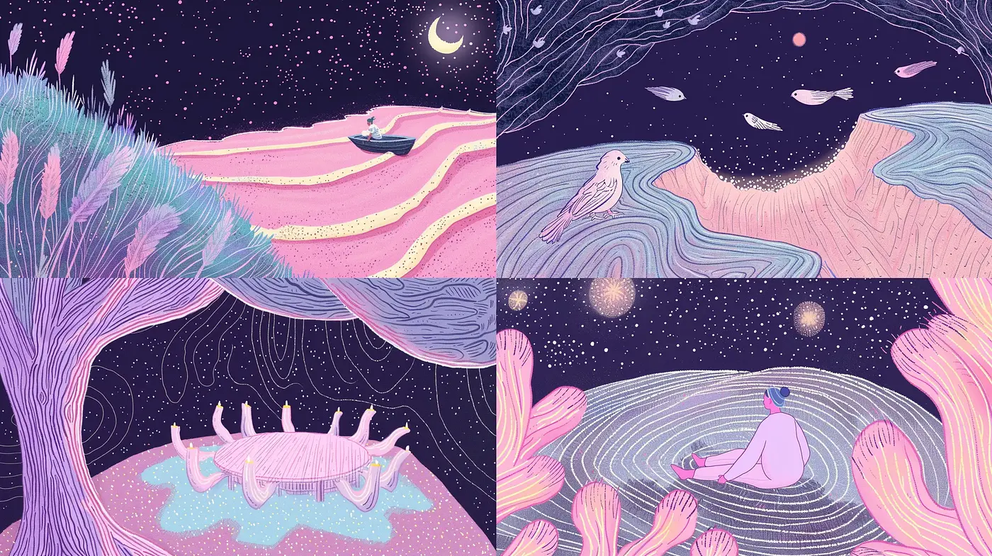 Whimsical Nocturnal Landscapes with a Dreamlike Psychedelic Touch - Midjourney sref style
