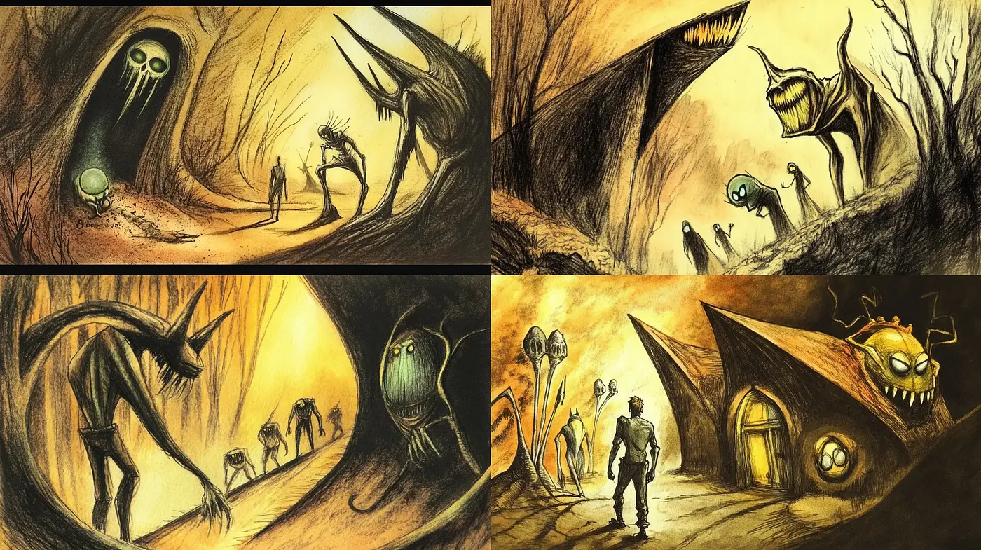 Eerie Tim Burton-esque Fantastical Landscape Exploration - Midjourney sref style