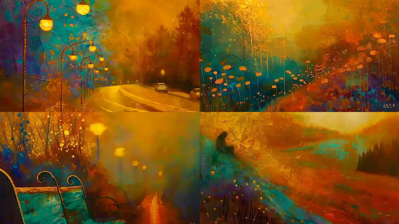Dreamy, atmospheric landscapes with vibrant hues and soft textures - Midjourney sref style