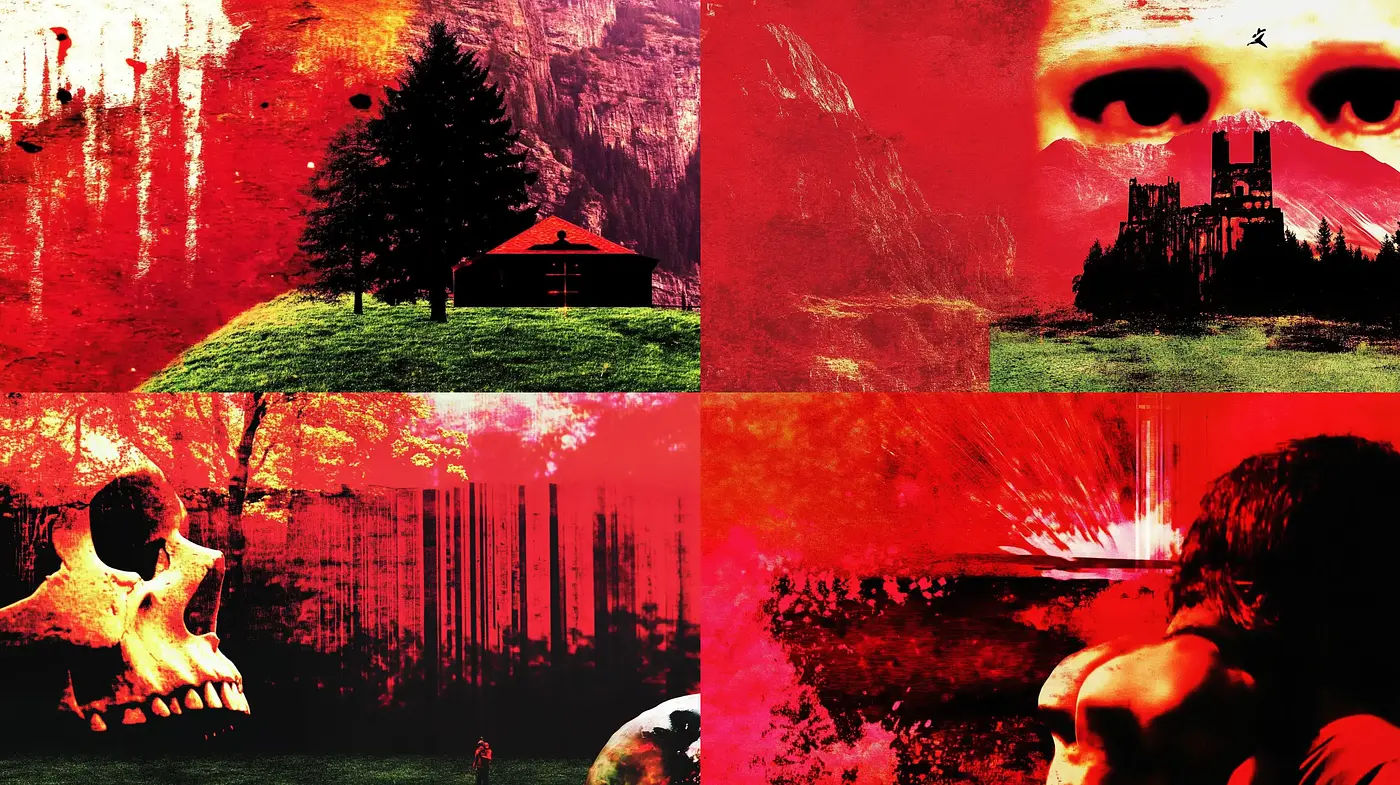 Intense Crimson Visions: a Vivid Exploration of Abstract Red Hues and Surrealist Imagery - Midjourney sref style