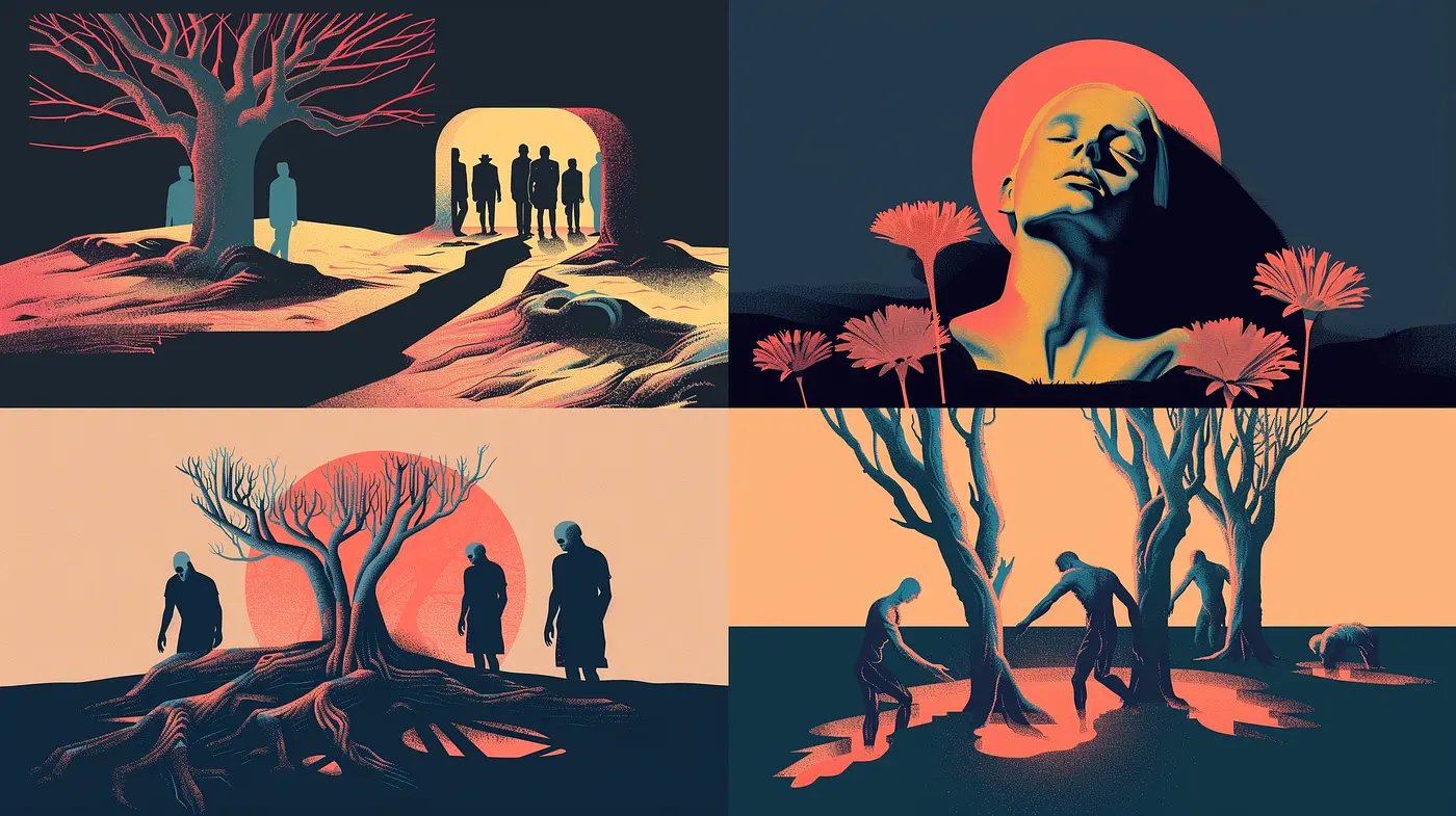 Surreal Contrasts of Twilight: A Study in Eerie Amber and Teal Dichotomy - Midjourney sref style