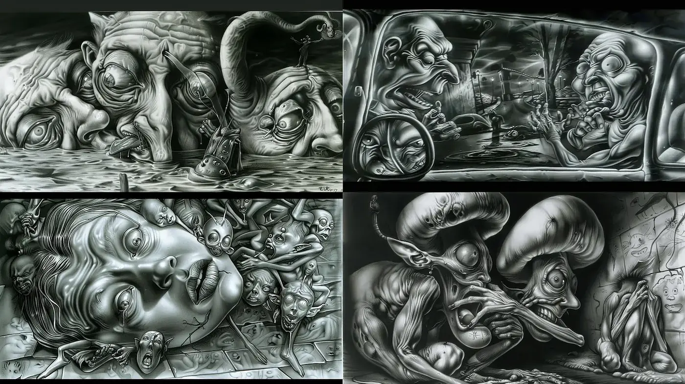 Surreal and Disturbing Fusion of Realism and Fantasy - Midjourney sref style