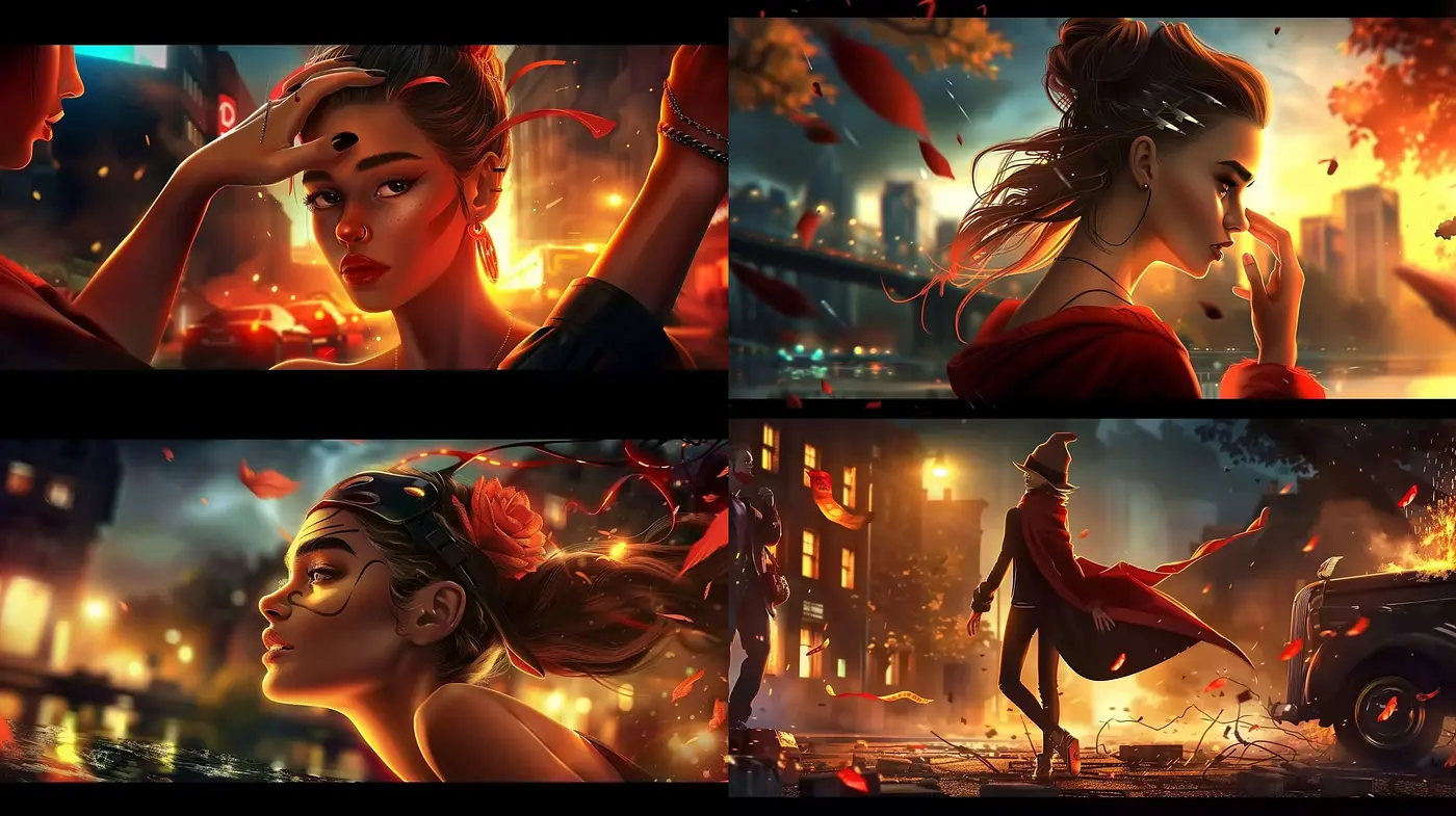 Ember Glow: A Dance of Rich Contrasts and Fiery Palettes in Digital Illustration - Midjourney sref style