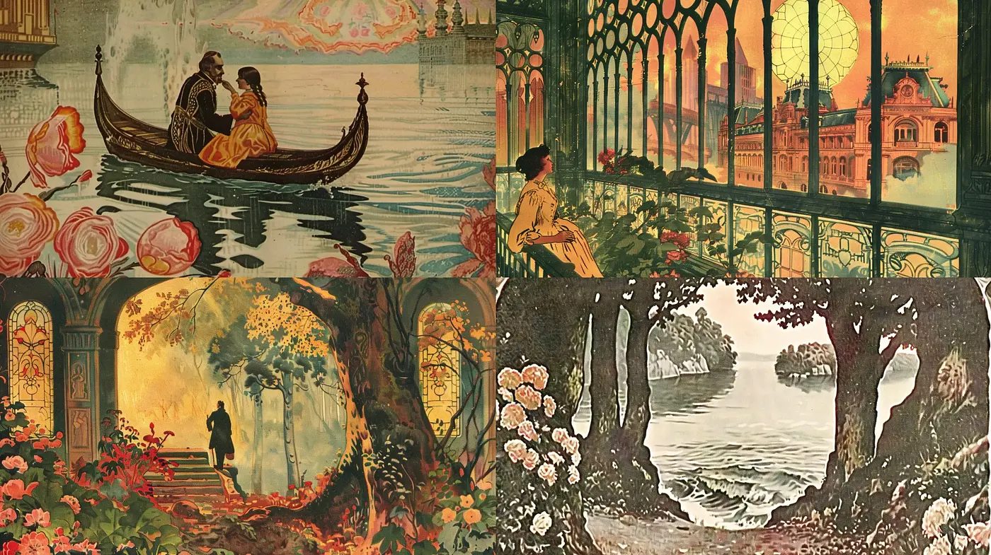 Romanticized Pastoral Elegance with a Touch of Art Nouveau - Midjourney sref style