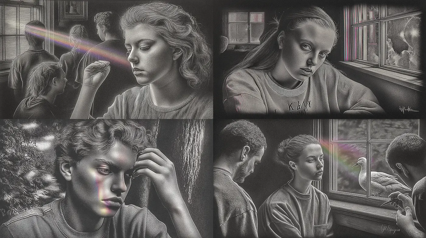 Contemplative Scenes with Emotional Depth in a Monochrome Palette - Midjourney sref style