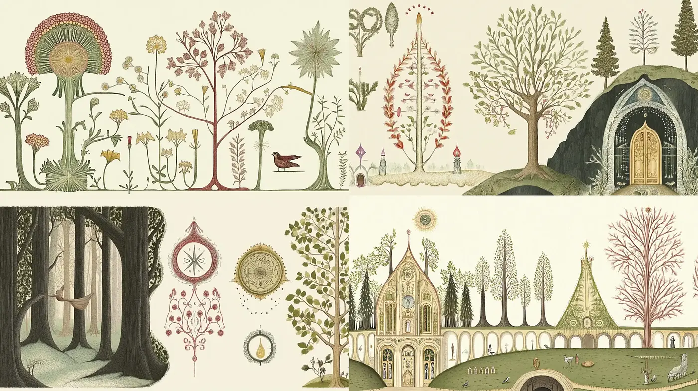 Enchanting Botanical Illustration with Fantasy Medieval Undertones - Midjourney sref style