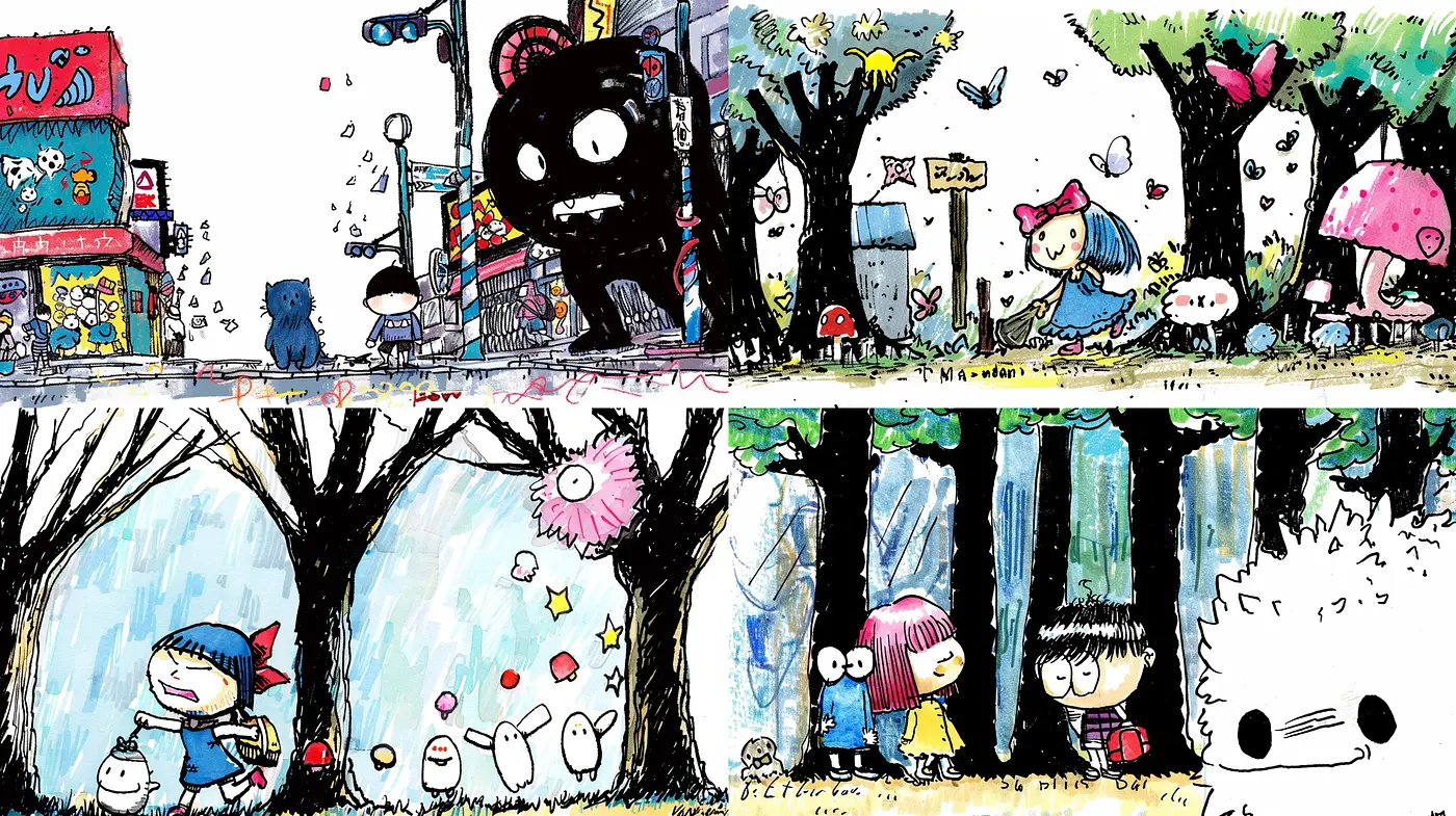 Playful and Whimsical Ink-Wash Fusion - Midjourney sref style