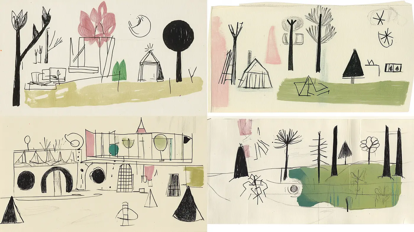 Simplified Pastoral and Architectural Vignettes with a Mid-Century Modern Undertone - Midjourney sref style