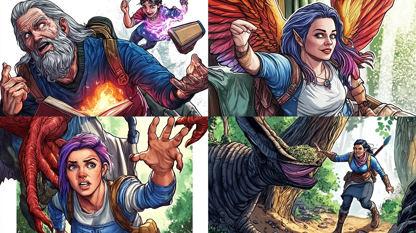 Enchanted Chromatic Narratives: A Study in Fantasy Comic Illustration - Midjourney sref style