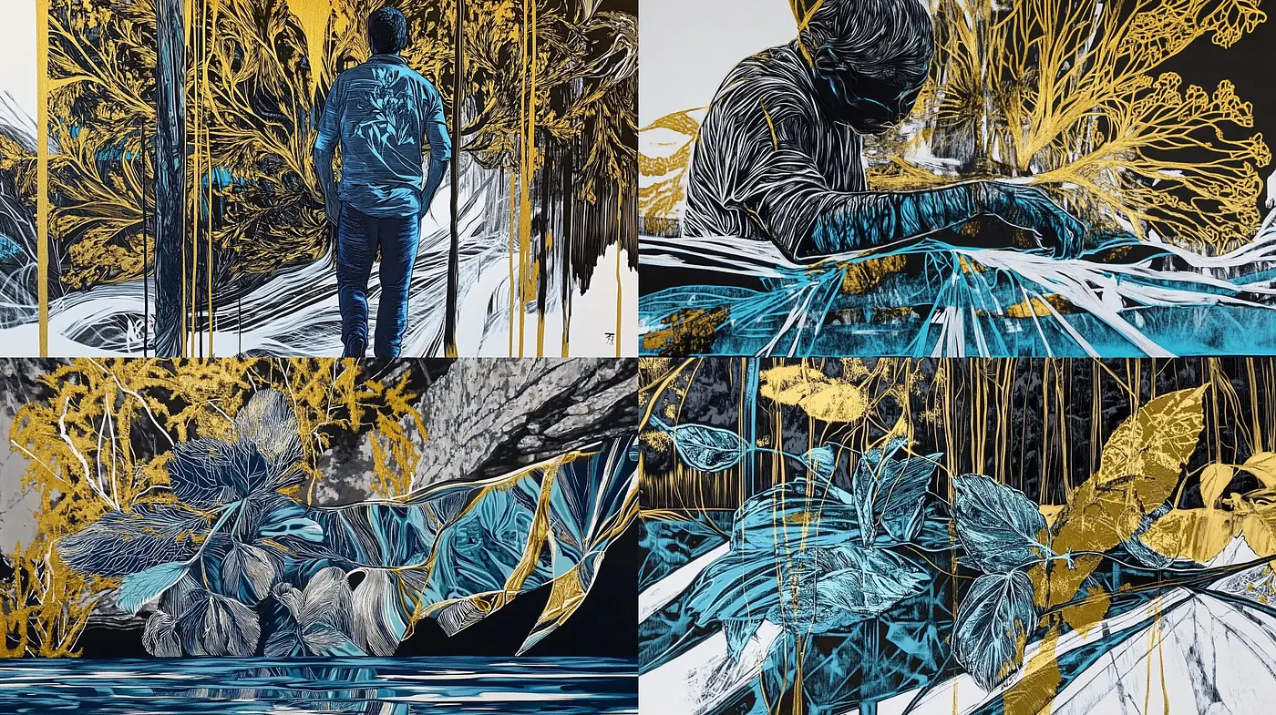 Contemporary Graphic Contrasts with Golden Highlights - Midjourney sref style
