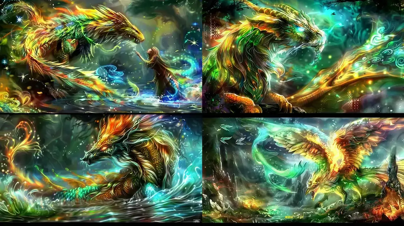 Vibrant mythical landscapes with elemental creatures - Midjourney sref style