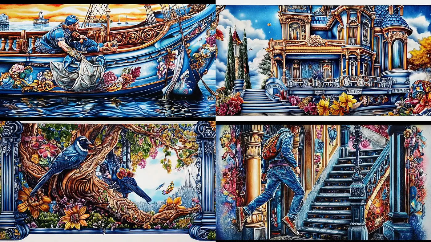 Ethereal Blue Dreamscapes with Vibrant Florals and Victorian Elegance - Midjourney sref style