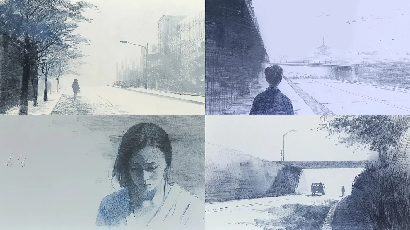 Monochromatic Blue Sketchbook Ambience - Midjourney sref style