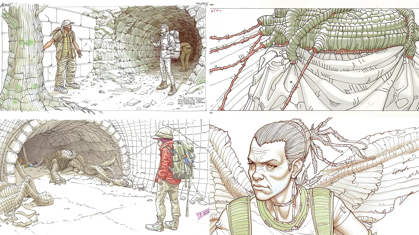 Consistent Textural Essence with Serpentine and Human Encounters in an Illustrative Style - Midjourney sref style