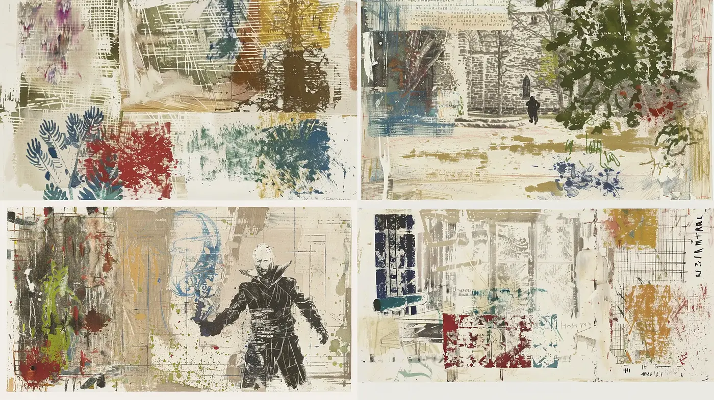Abstract Collage of Scratched Textures and Earthy Tones - Midjourney sref style