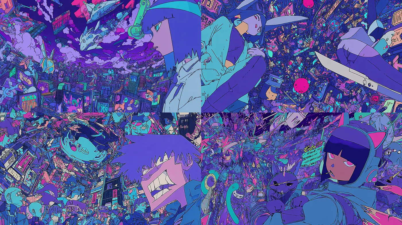 Vibrant and Chaotic Futuristic Anime Aesthetic with Neon Elements - Midjourney sref style