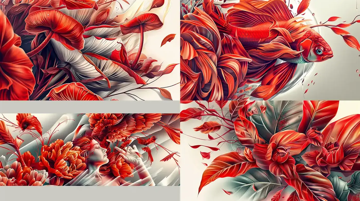 Vibrant and Intricate Floral and Fauna Composition - Midjourney sref style