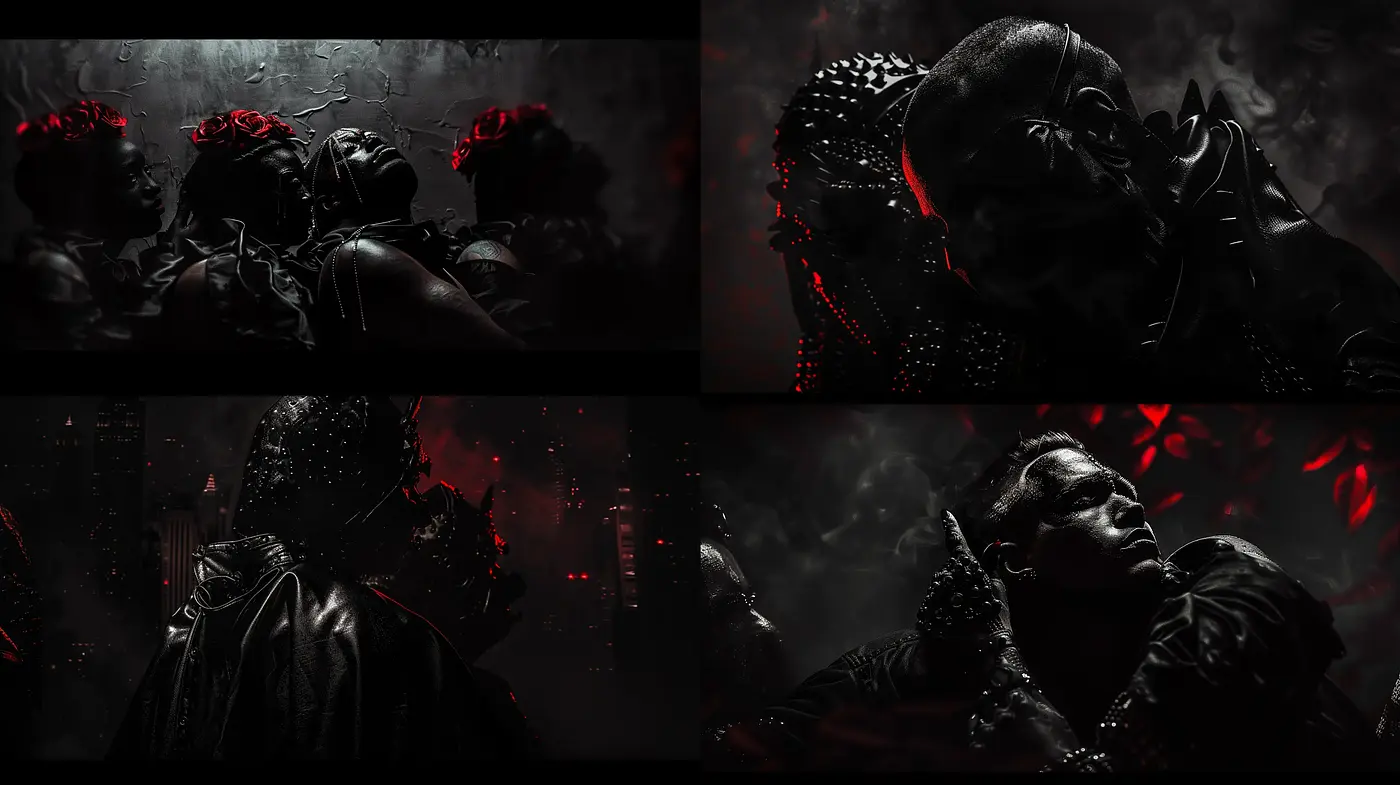 Noir-Influenced High-Contrast Vignettes with Crimson Highlights - Midjourney sref style