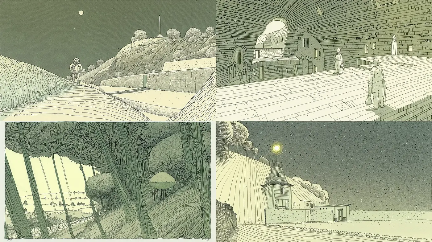 Ethereal Sepia-Toned Dreamscapes with Surreal Architectural Forms - Midjourney sref style
