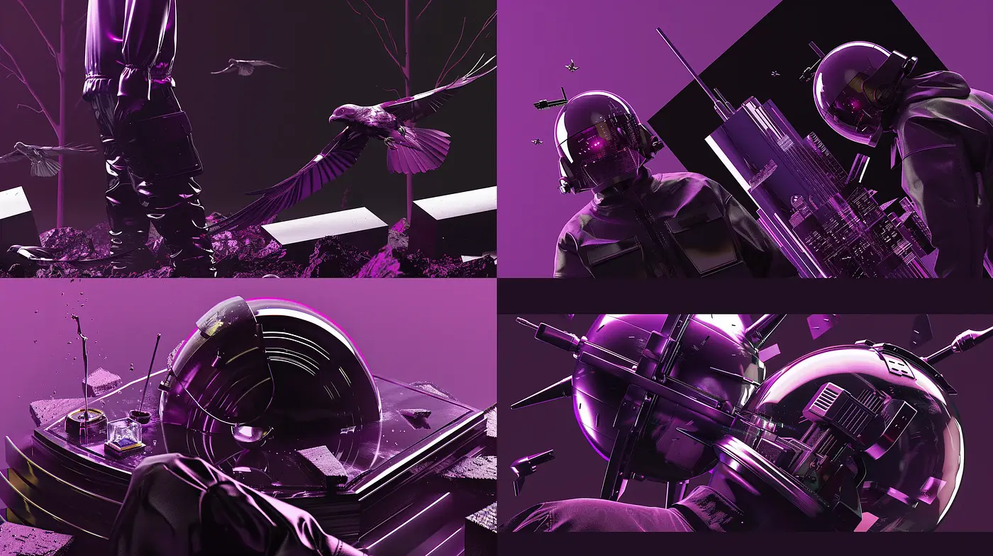 Futuristic Noir Dreamscape with Monochromatic Purple Hues - Midjourney sref style