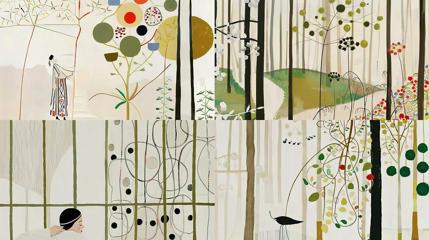 Abstract Botanical Tapestry in Earthy and Neutral Tones - Midjourney sref style