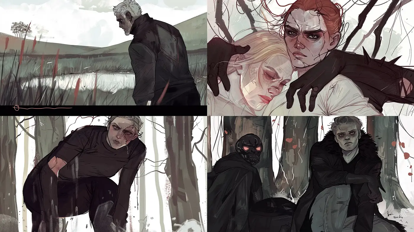 Melancholic Elegance in Monochrome Hues with a Crimson Accent - Midjourney sref style