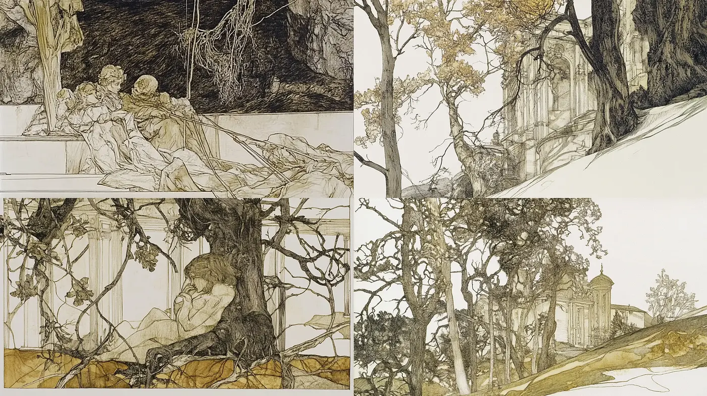 Time-Worn Elegance in Sepia Sketches - Midjourney sref style