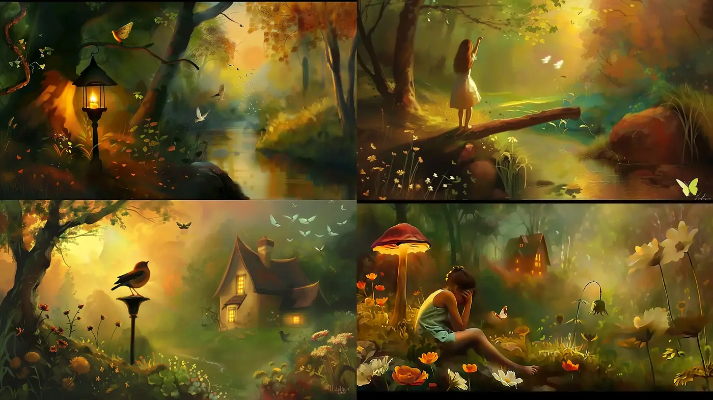 Enchanted Twilight: A Fusion of Warm Hues and Serene Fantasy Landscapes - Midjourney sref style
