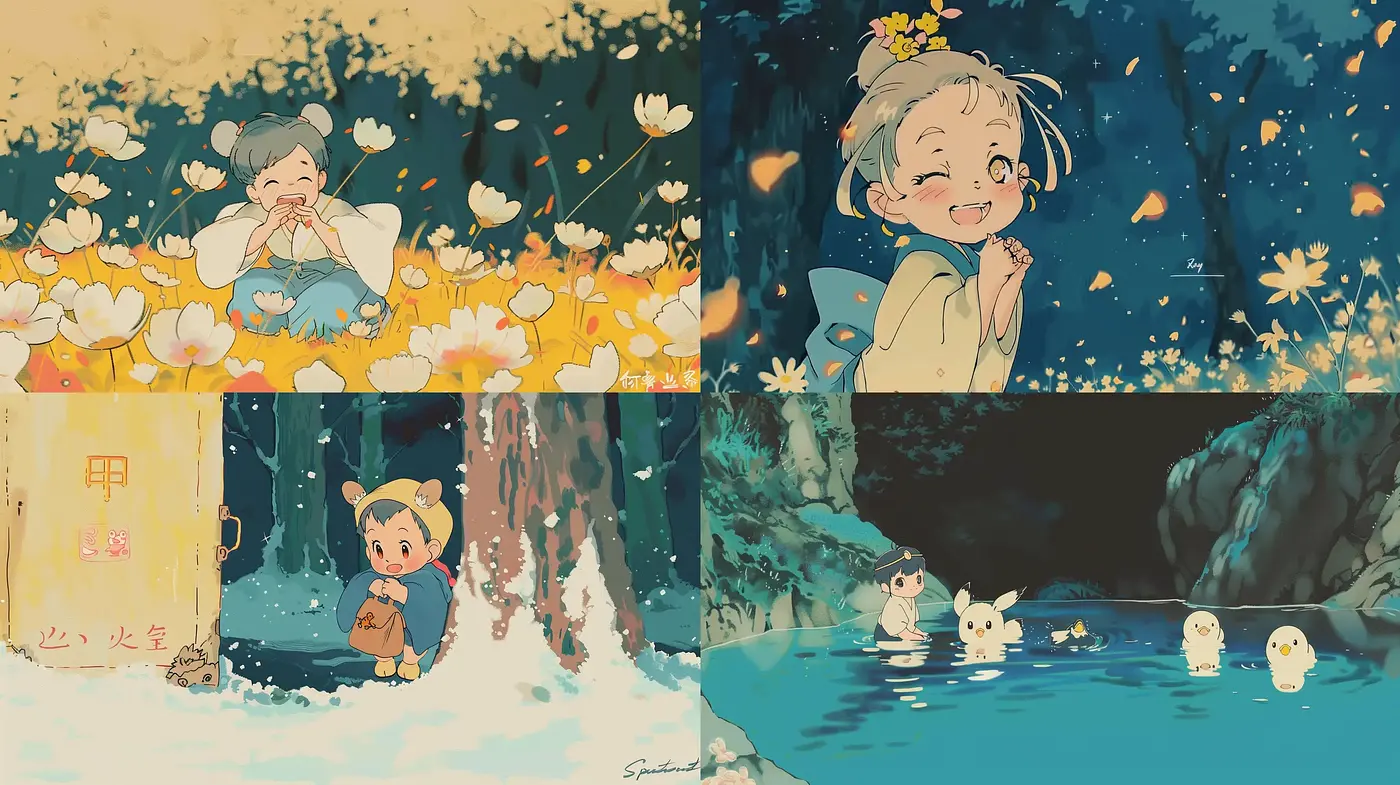 Whimsical Storybook Illustrations with Pastel Overtones and a Ghibli-esque Essence - Midjourney sref style