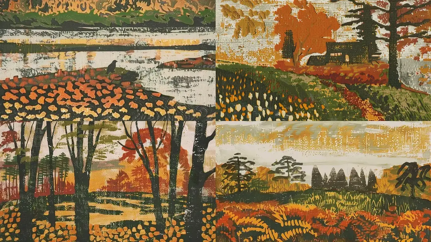 Richly Textured Autumn Landscapes with a Vintage Aesthetic - Midjourney sref style