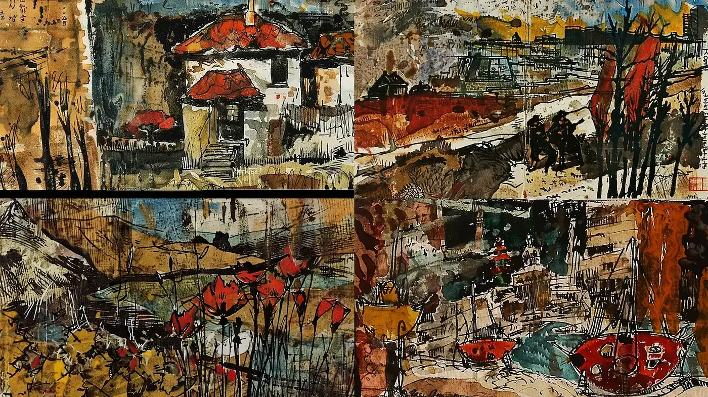 Expressive mixed media landscape with a rustic charm - Midjourney sref style