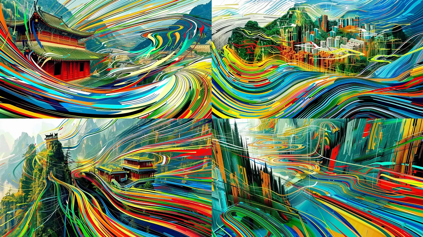 Kinetic Brushstrokes in a Vivid Abstract Panorama - Midjourney sref style