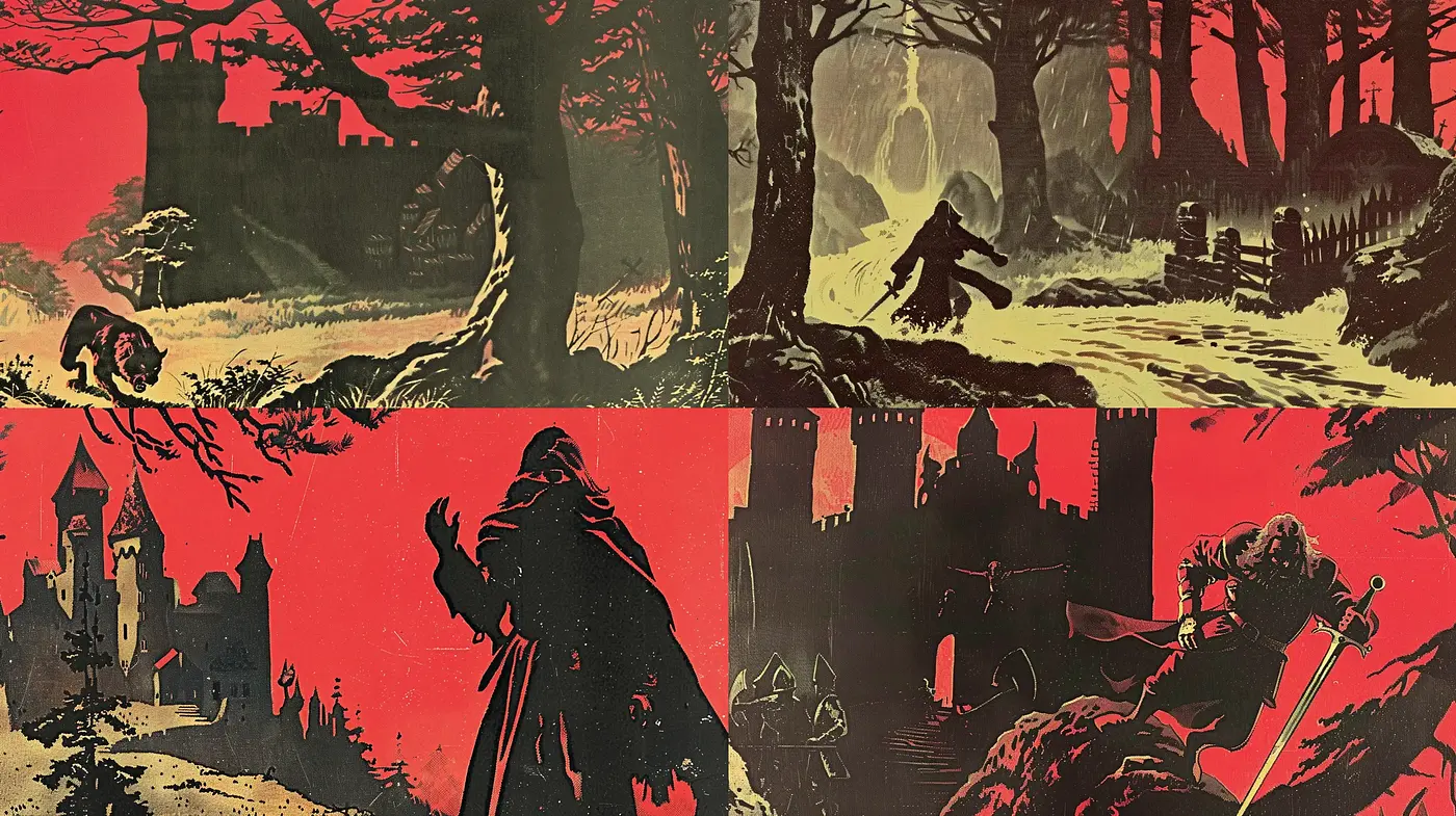 Gothic Silhouettes in a Foreboding Crimson and Charcoal Palette - Midjourney sref style