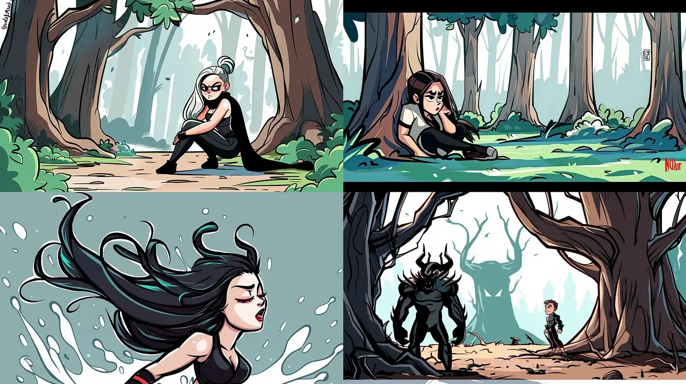 Enigmatic Forest Encounters with Stylized Comic Book Aesthetics - Midjourney sref style