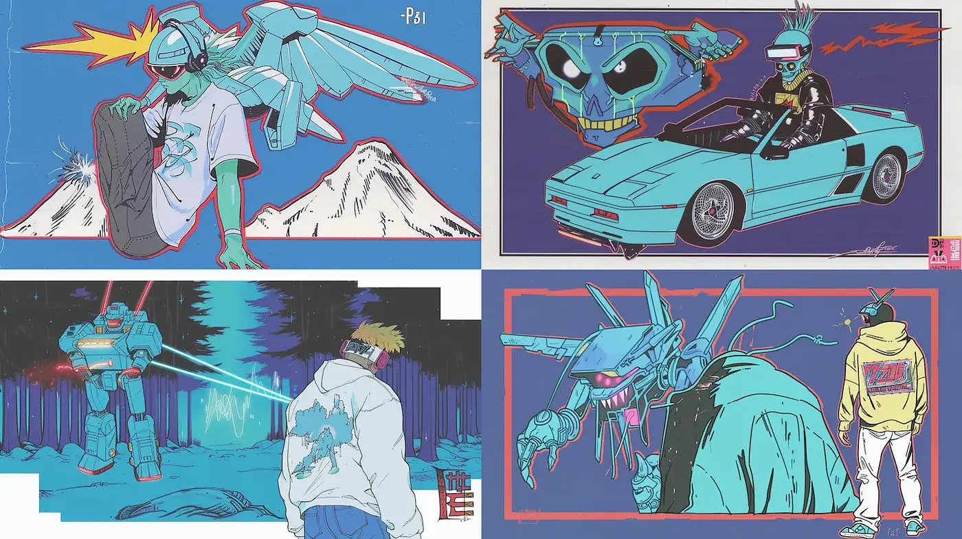 Vibrant Retro Futurism with Cyberpunk Influences - Midjourney sref style